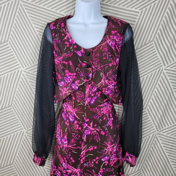 Vintage 60s Crop Jacket Dress Set XS Small Hostess Maxi Floral Pink Brown - Picture 3 of 10